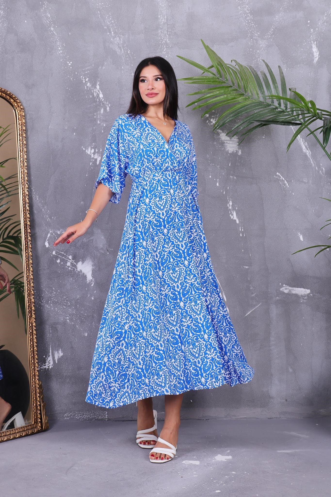 Elbise Beli Lastikli Kilim Desen Elbise