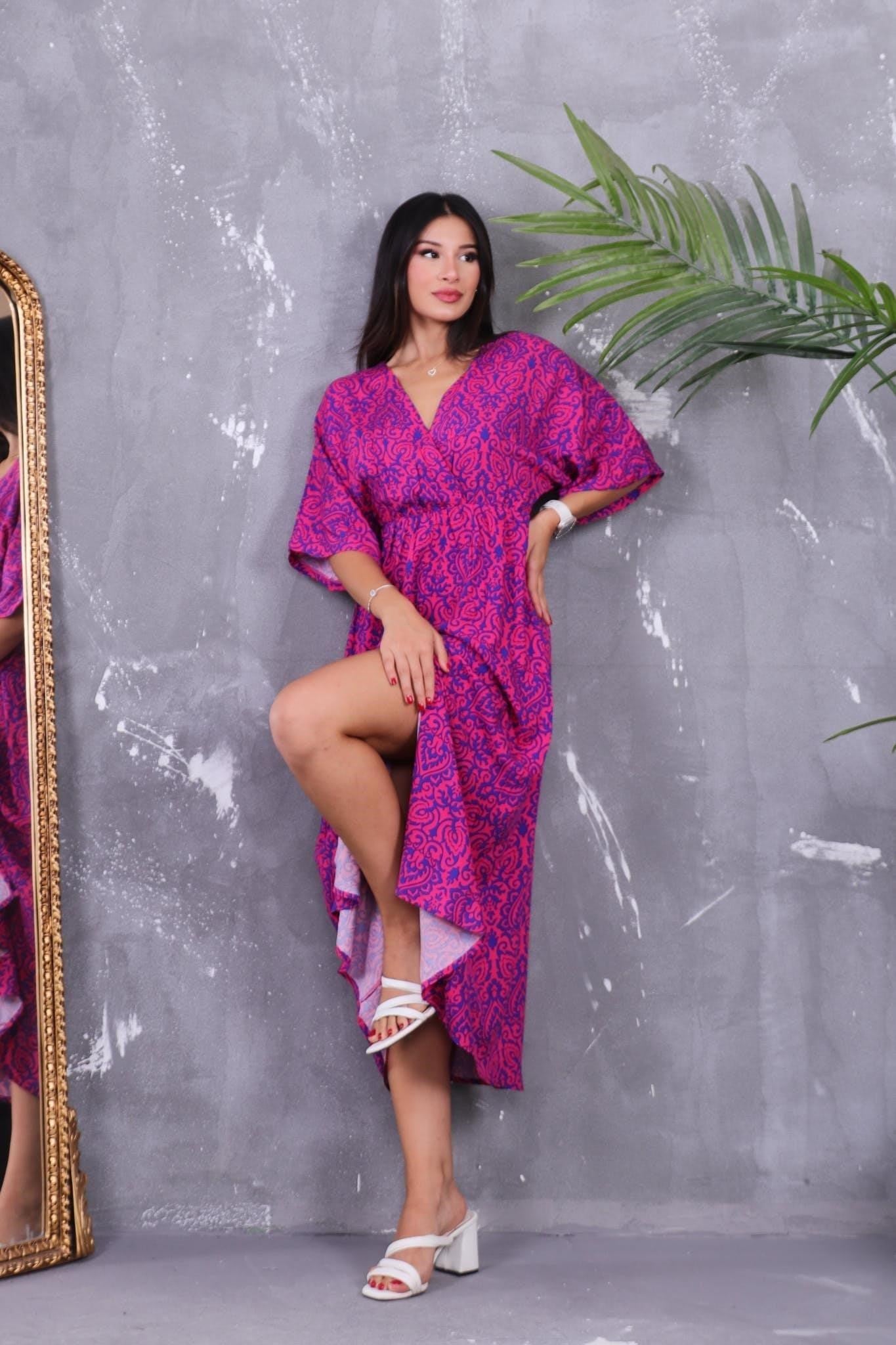 Elbise Beli Lastikli Kilim Desen Elbise
