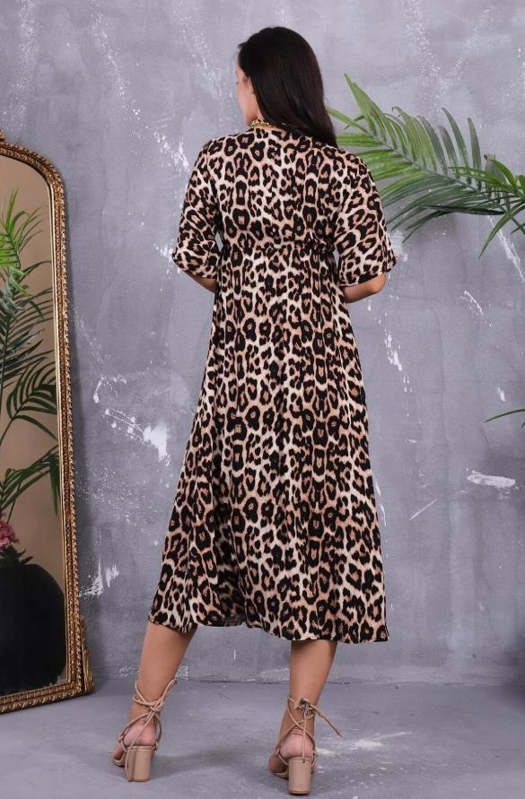 Elbise Beli Lastikli Leopar Elbise