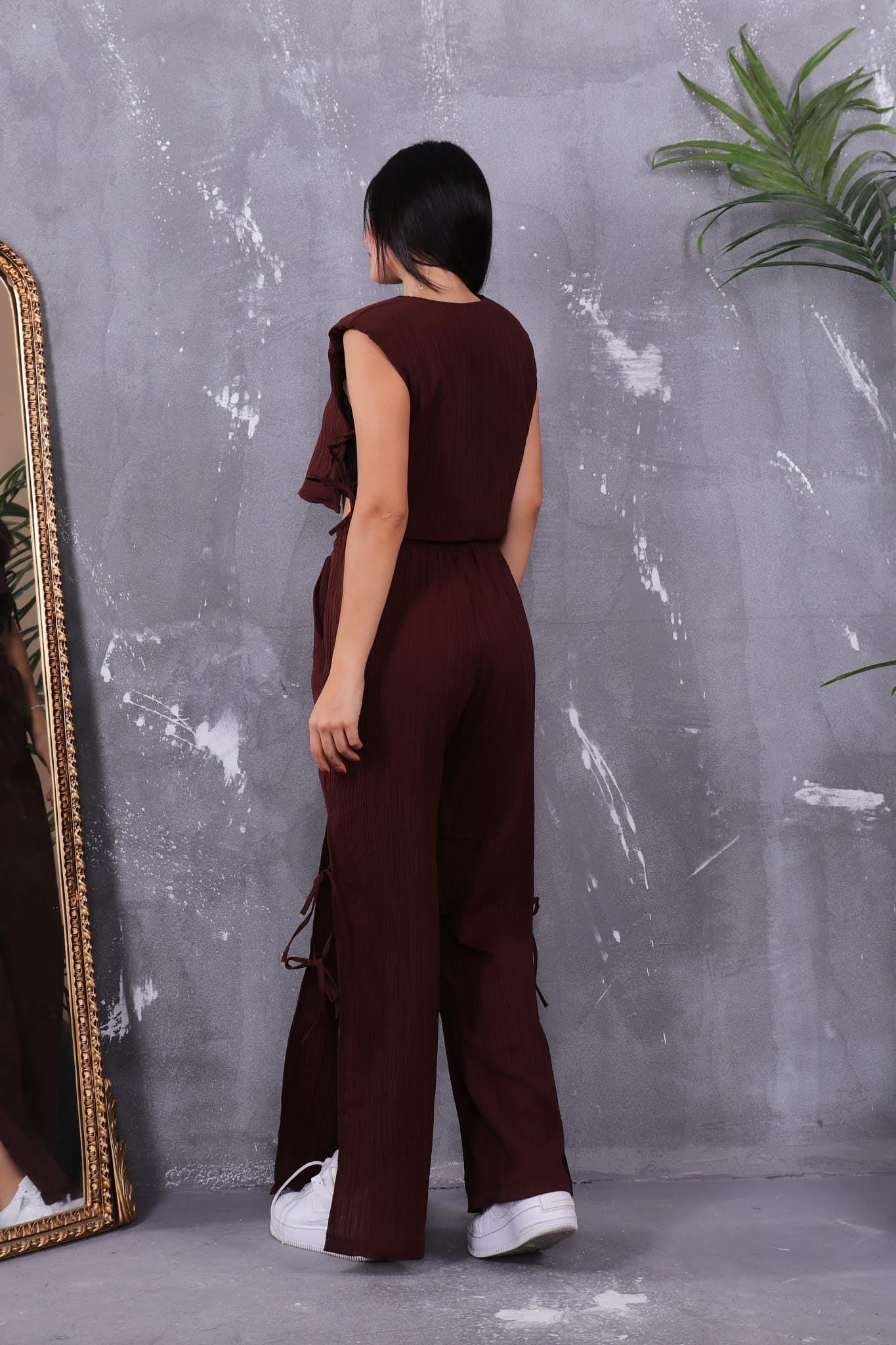 İkili Takım Bluzu Pantolonu Yanları Bağlama Detaylı Takım