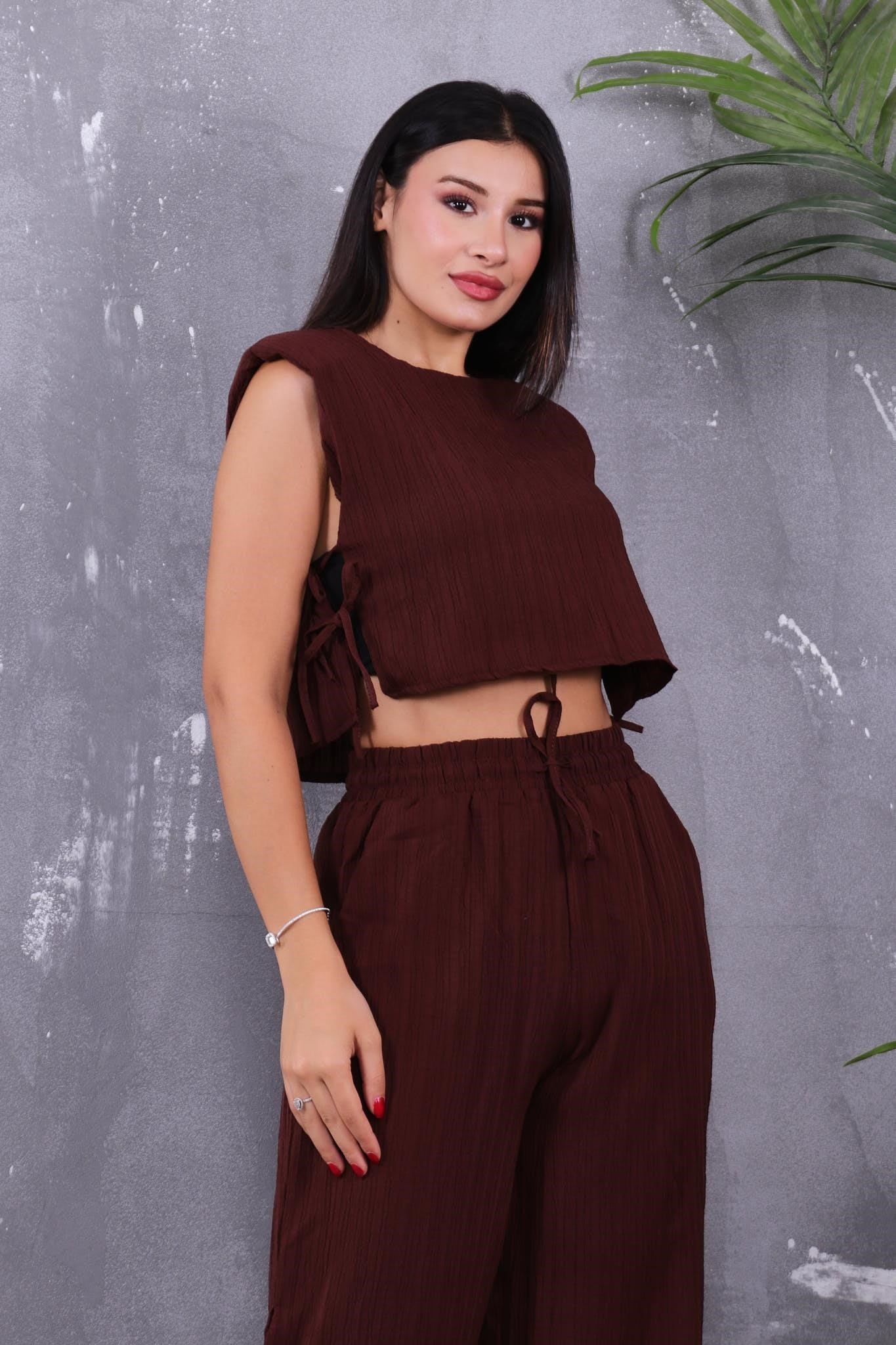İkili Takım Bluzu Pantolonu Yanları Bağlama Detaylı Takım