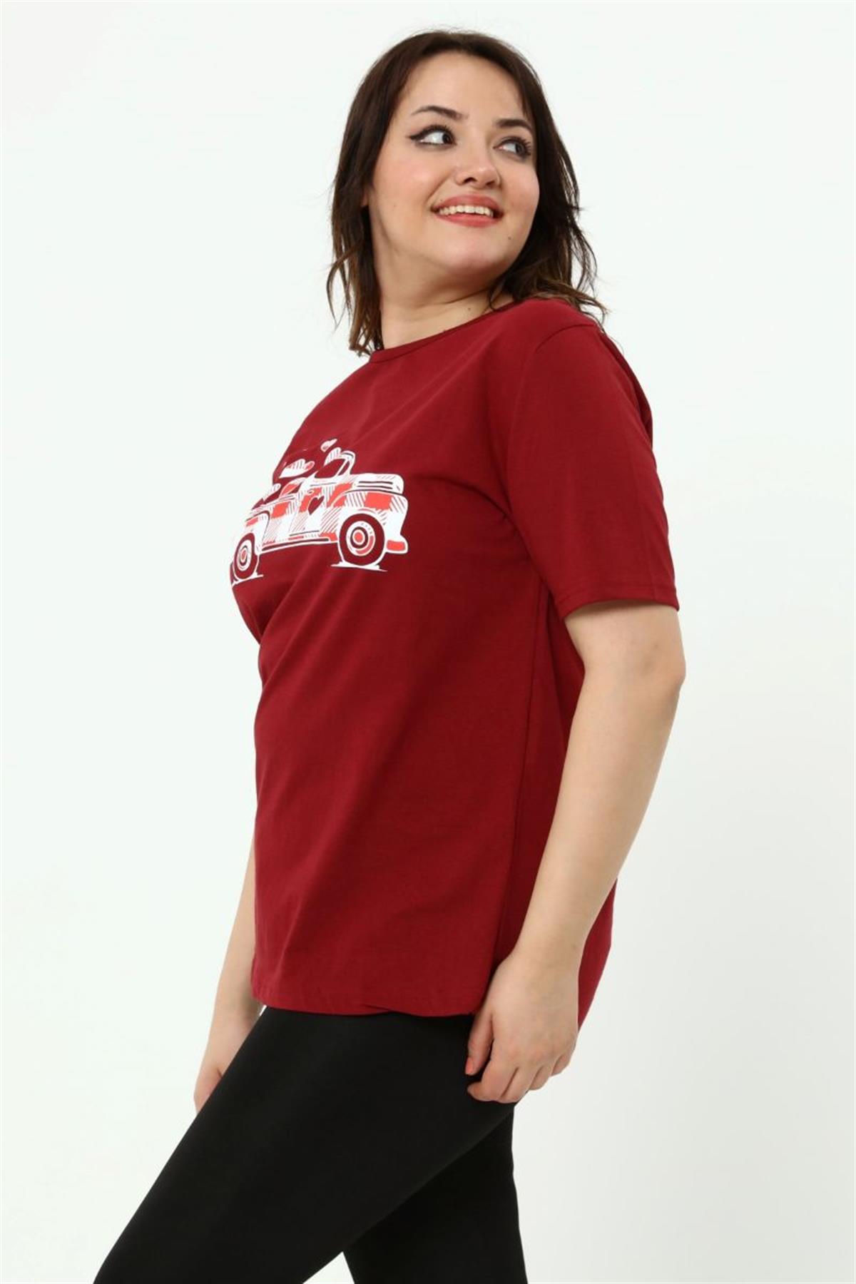 Tshirt Büyük Beden Araba Baskılı T-Shirt Bordo