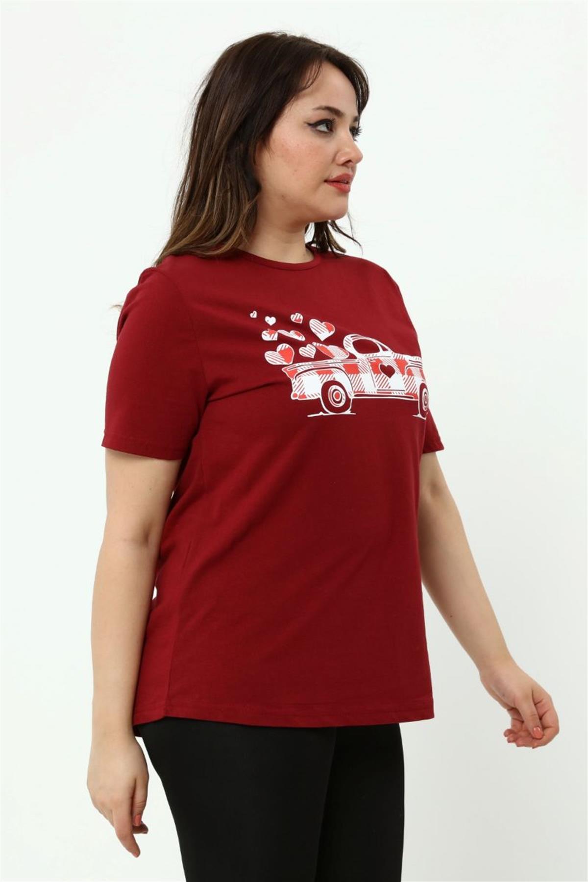 Tshirt Büyük Beden Araba Baskılı T-Shirt Bordo