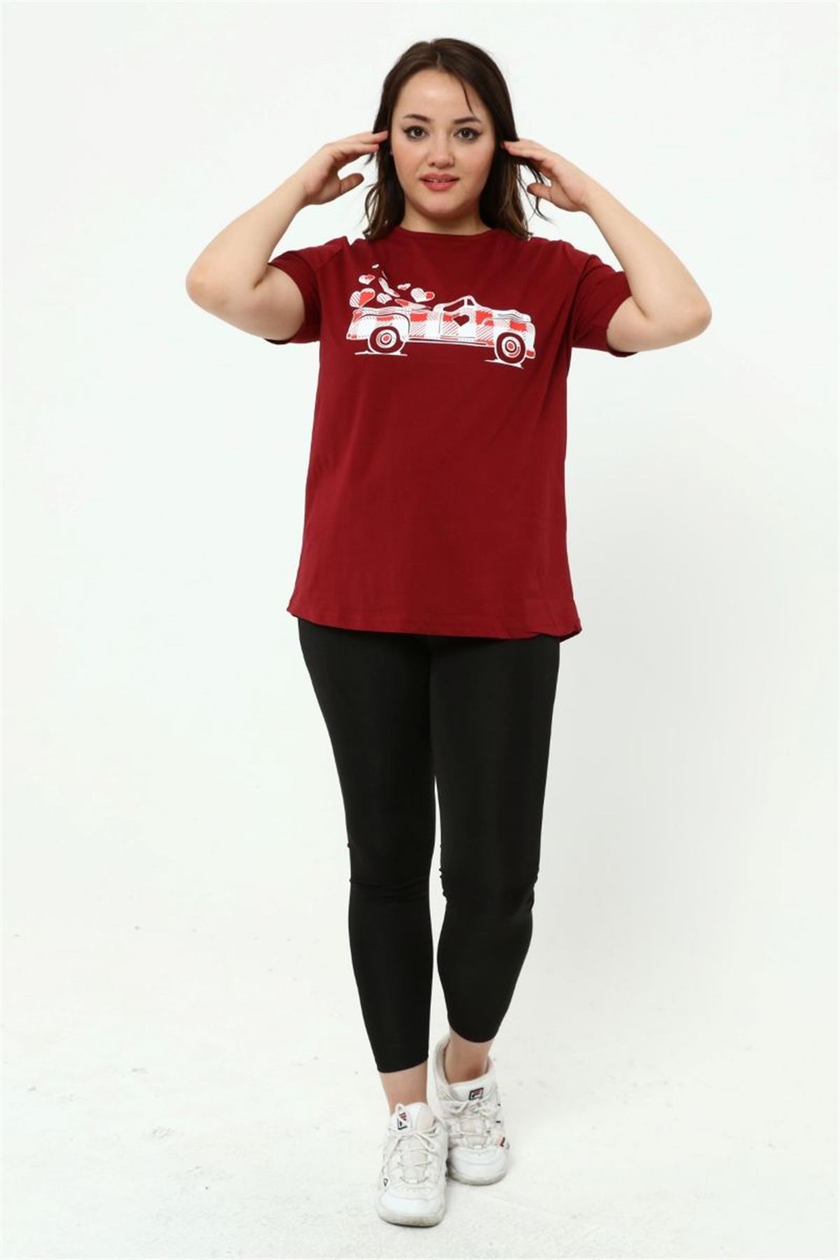 Tshirt Büyük Beden Araba Baskılı T-Shirt Bordo