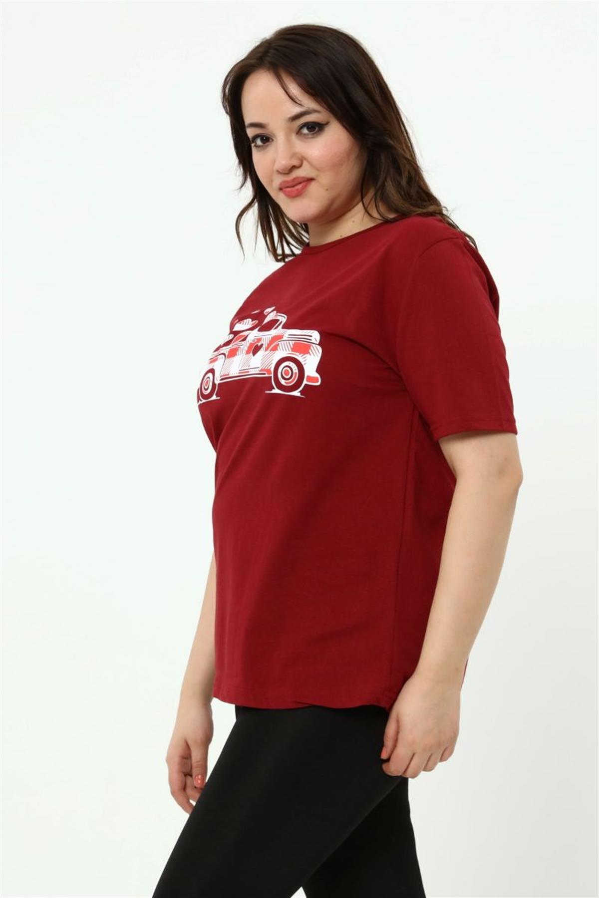 Tshirt Büyük Beden Araba Baskılı T-Shirt Bordo