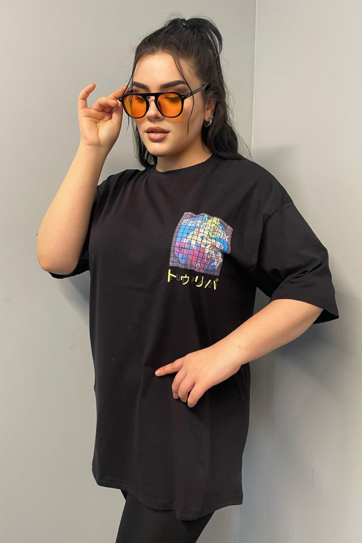 Tshirt Büyük Beden Arkası Baskılı Pamuklu Likralı Spor Tshirt Siyah