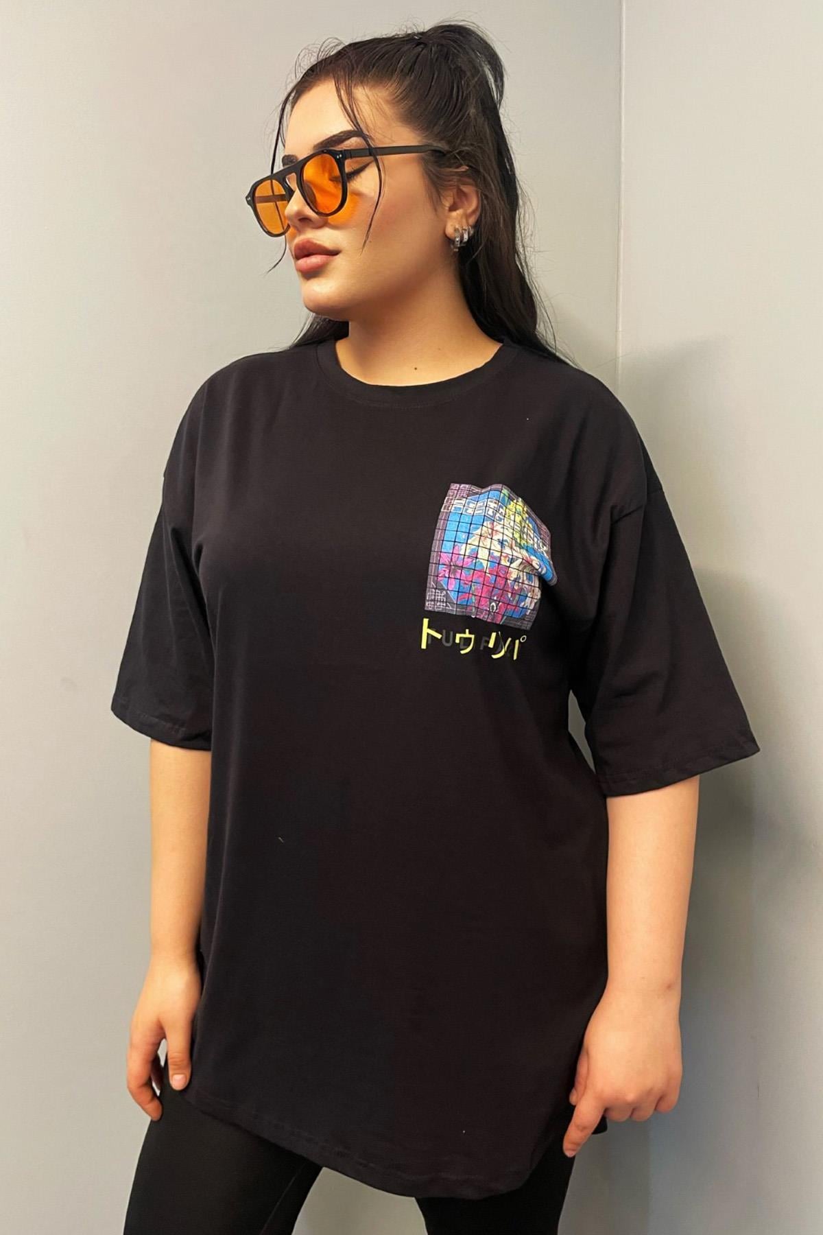 Tshirt Büyük Beden Arkası Baskılı Pamuklu Likralı Spor Tshirt Siyah