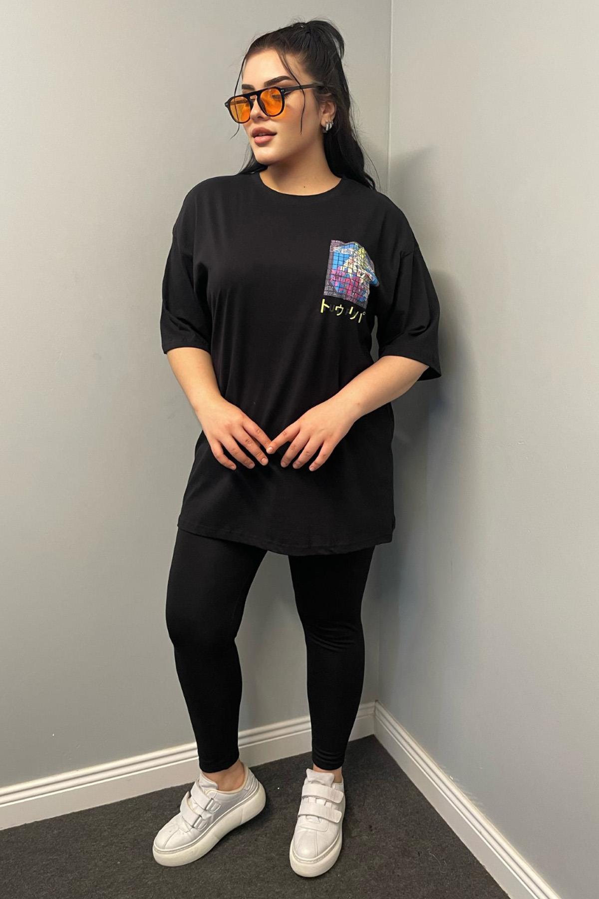 Tshirt Büyük Beden Arkası Baskılı Pamuklu Likralı Spor Tshirt Siyah