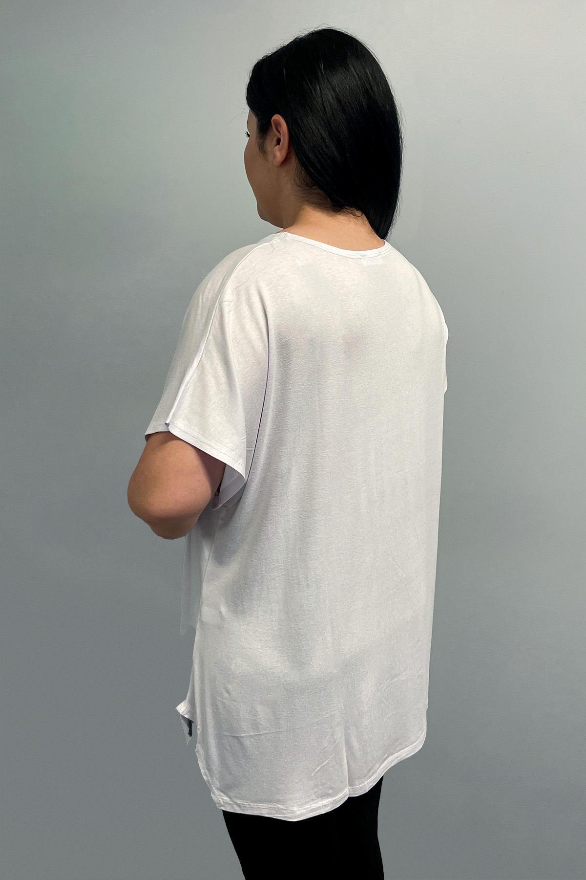 Tshirt Büyük Beden Ayıcık Baskılı Salaş T-Shirt Beyaz