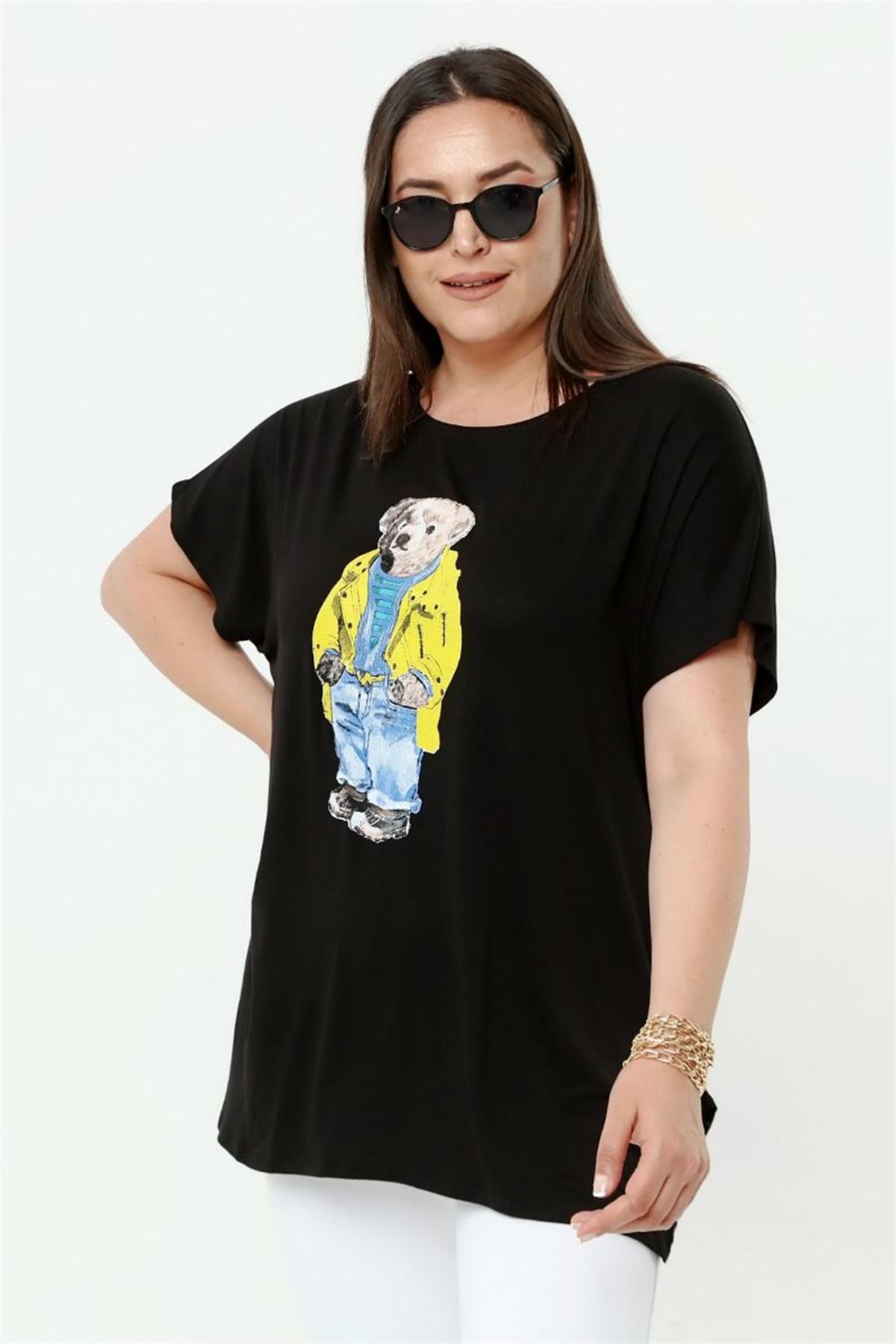 Tshirt Büyük Beden Ayıcık Baskılı Salaş T-Shirt Siyah