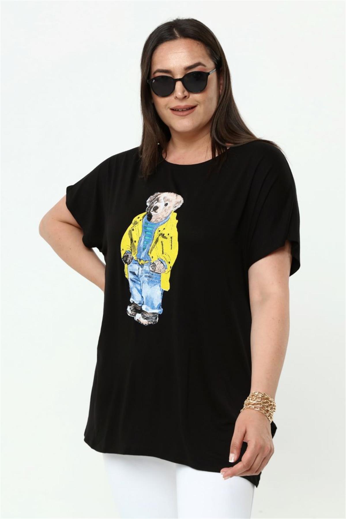 Tshirt Büyük Beden Ayıcık Baskılı Salaş T-Shirt Siyah