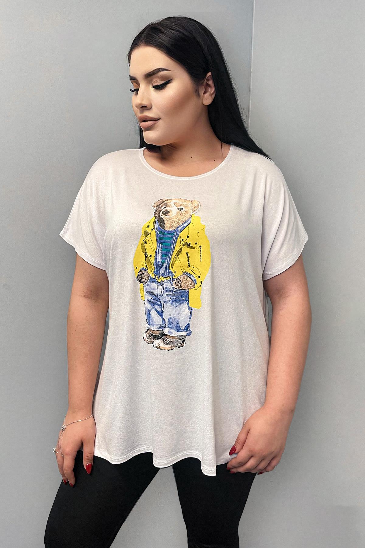 Tshirt Büyük Beden Ayıcık Baskılı Salaş T-Shirt Beyaz