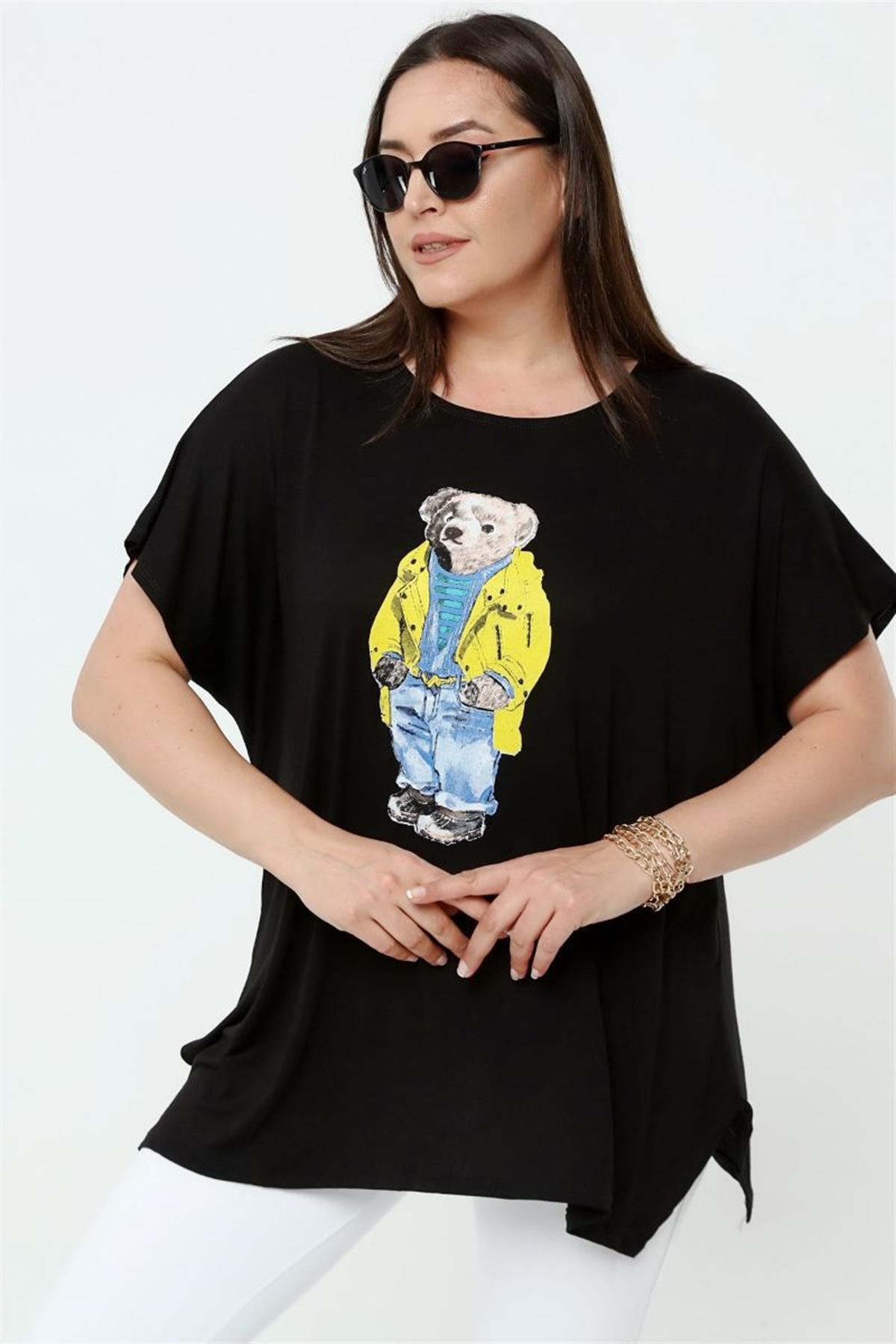Tshirt Büyük Beden Ayıcık Baskılı Salaş T-Shirt Siyah