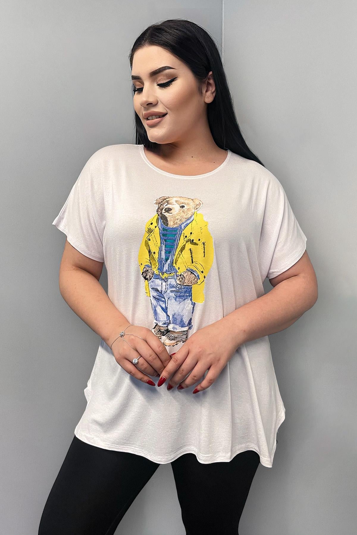 Tshirt Büyük Beden Ayıcık Baskılı Salaş T-Shirt Beyaz