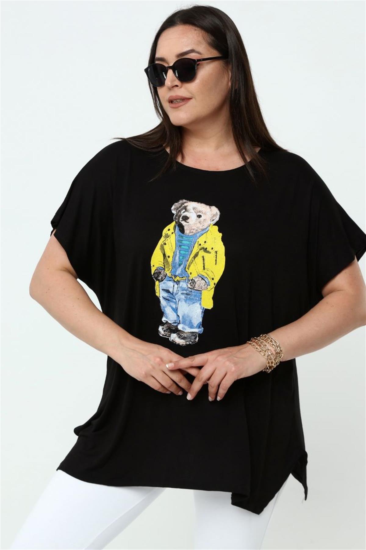 Tshirt Büyük Beden Ayıcık Baskılı Salaş T-Shirt Siyah