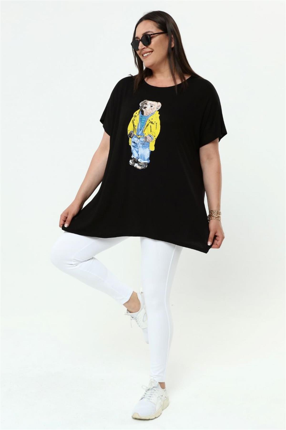 Tshirt Büyük Beden Ayıcık Baskılı Salaş T-Shirt Siyah