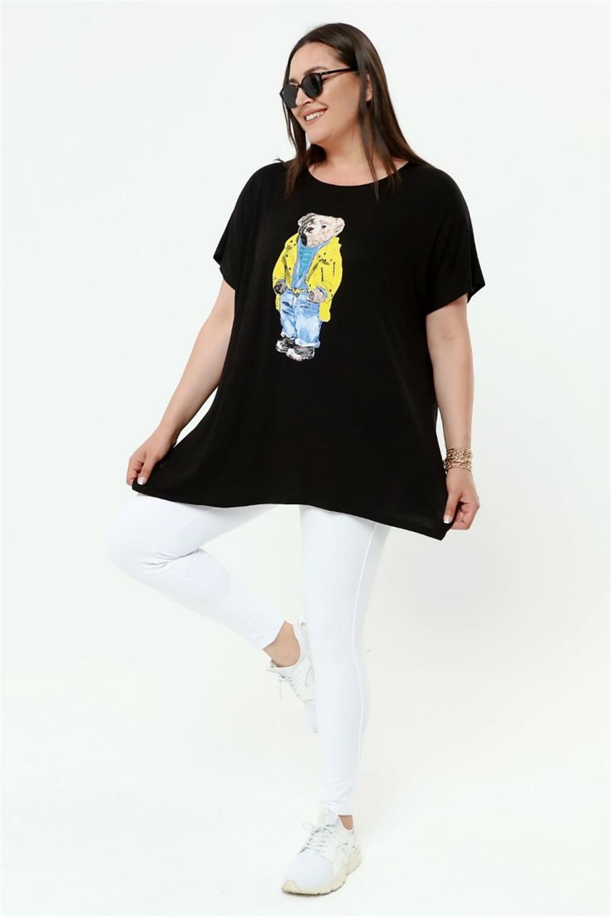 Tshirt Büyük Beden Ayıcık Baskılı Salaş T-Shirt Siyah