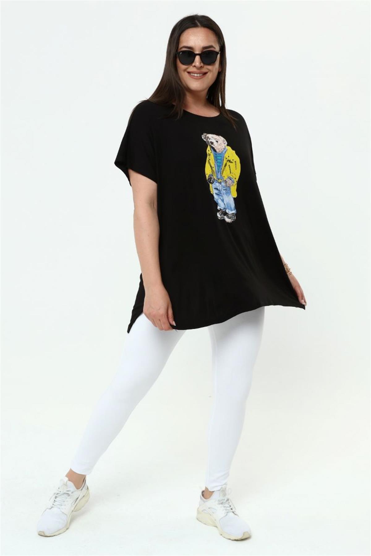 Tshirt Büyük Beden Ayıcık Baskılı Salaş T-Shirt Siyah
