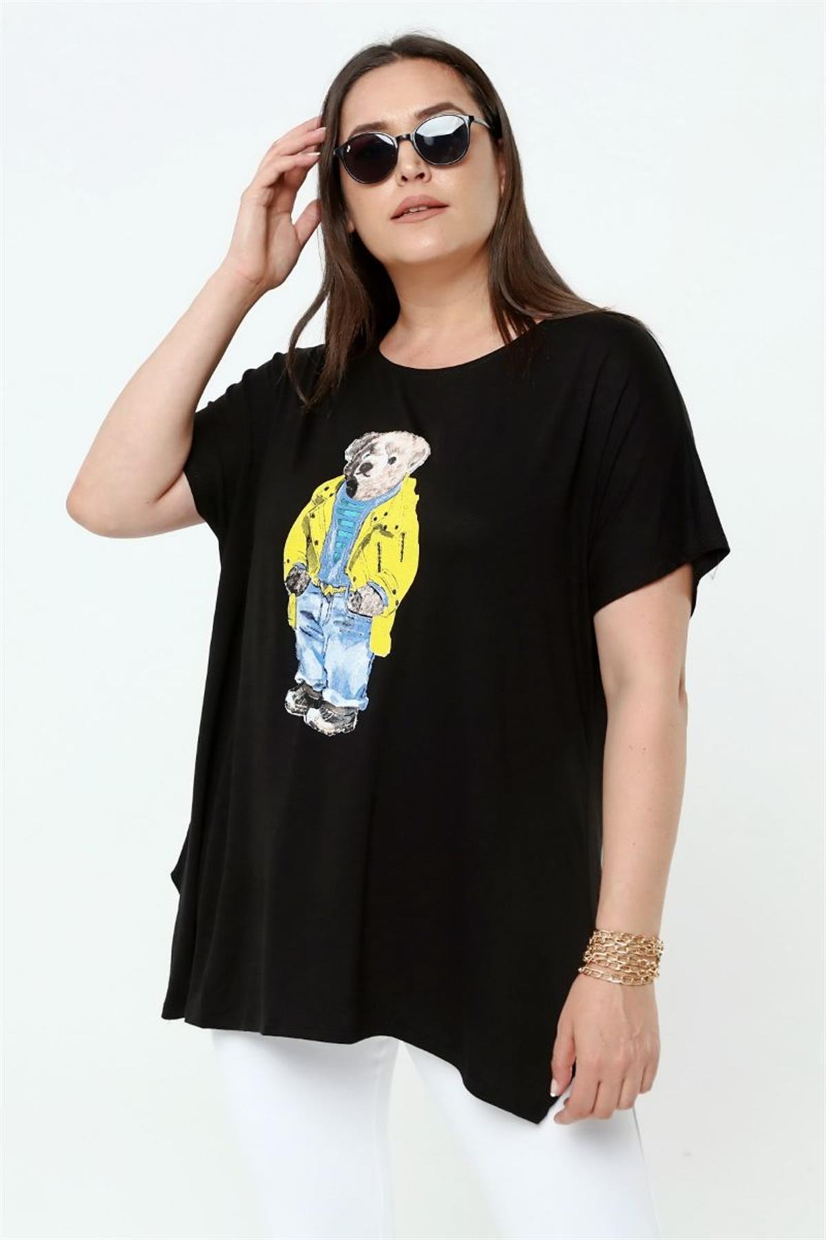 Tshirt Büyük Beden Ayıcık Baskılı Salaş T-Shirt Siyah