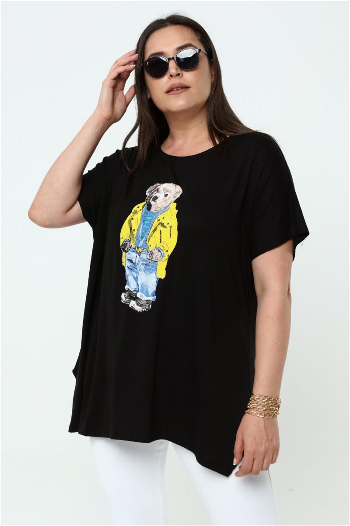 Tshirt Büyük Beden Ayıcık Baskılı Salaş T-Shirt Siyah