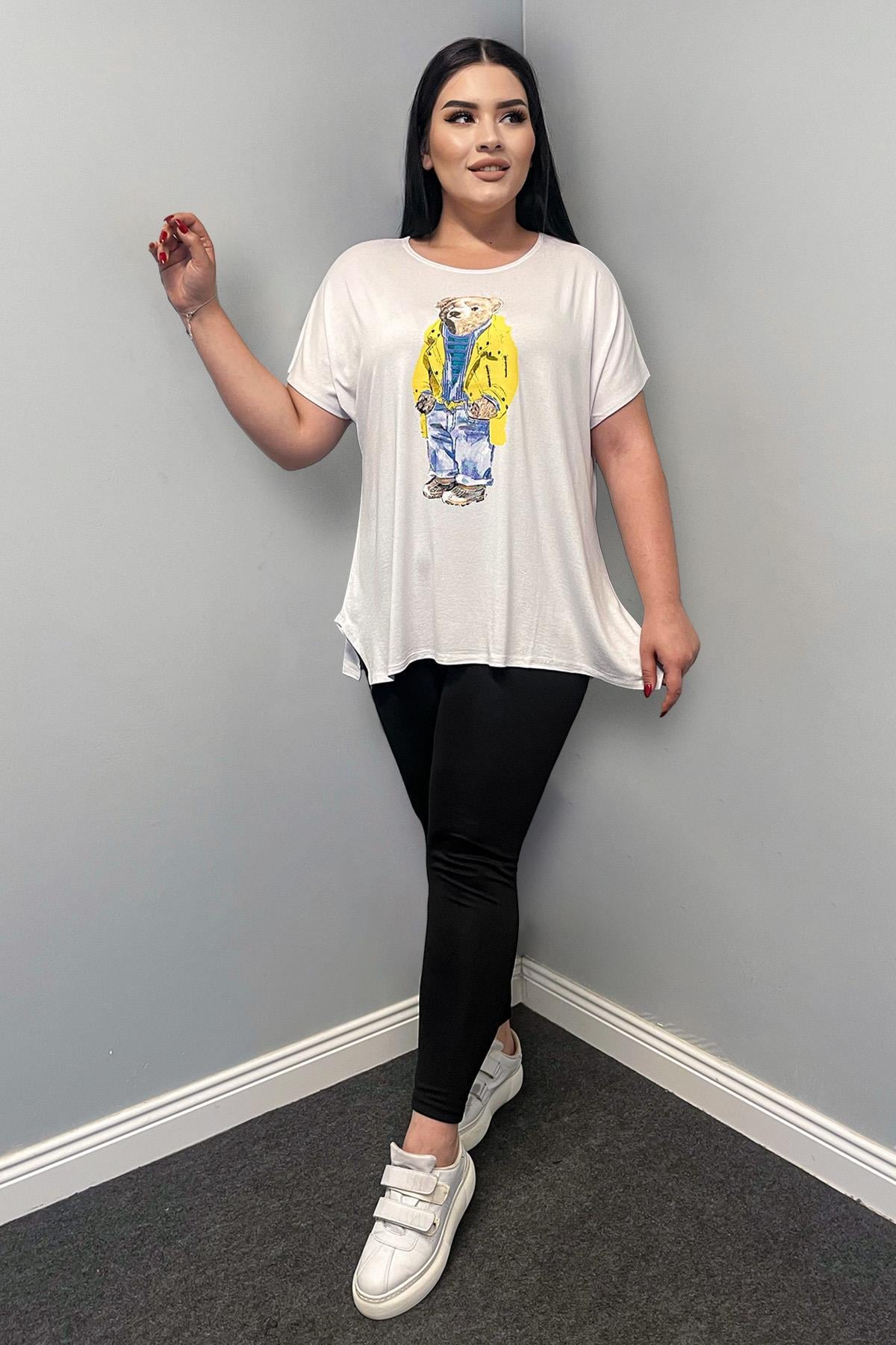 Tshirt Büyük Beden Ayıcık Baskılı Salaş T-Shirt Beyaz
