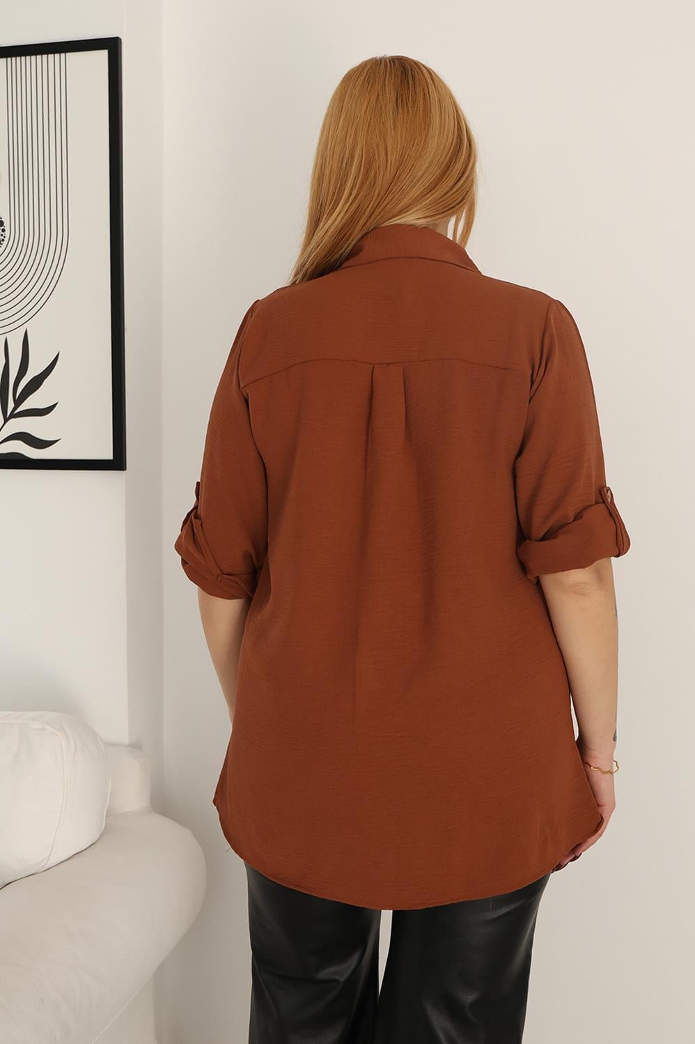 Gömlek Büyük Beden Ayrobin Kumaş Düğmeli Detaylı Gömlek