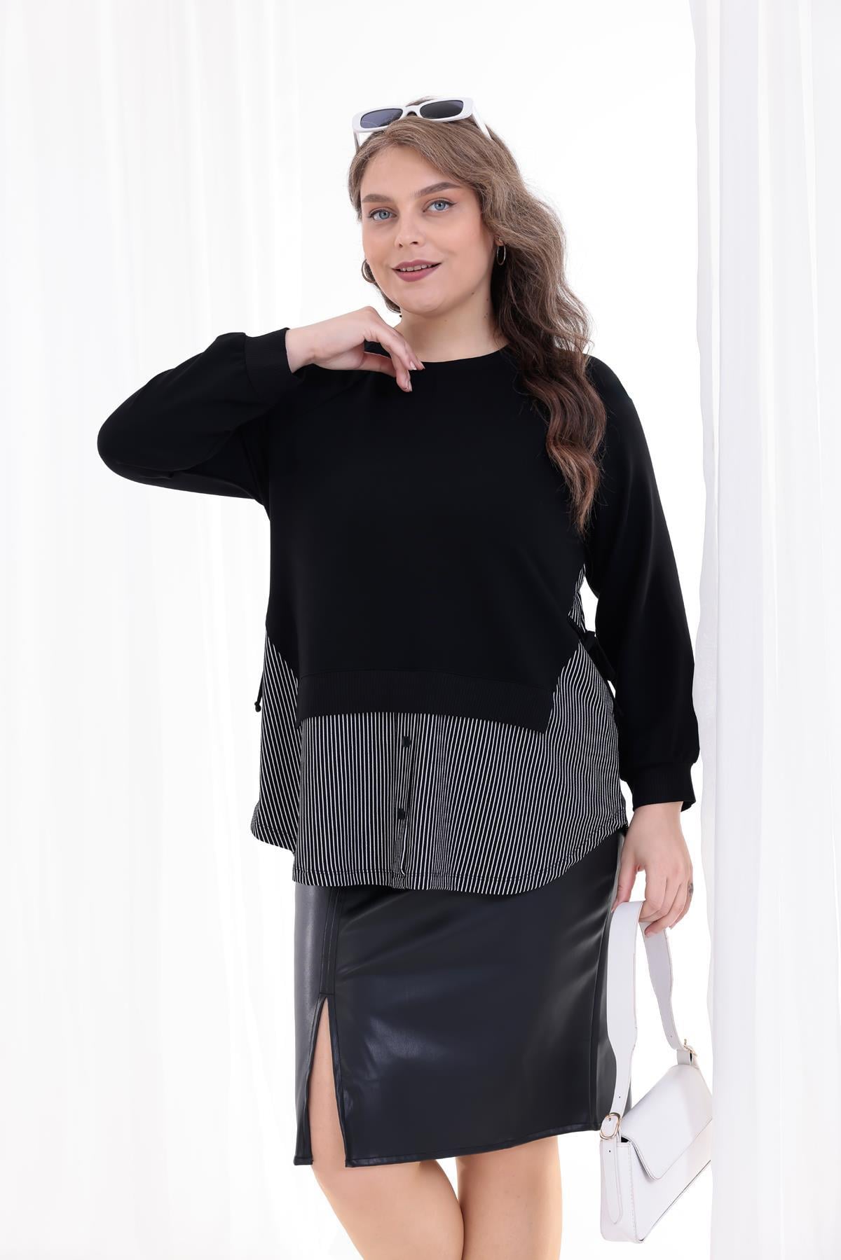 Uzun Kol Bluz Büyük Beden Bağcık Detaylı Sweatshirt