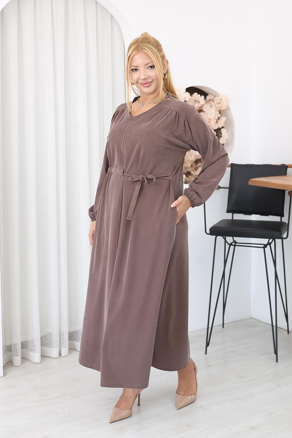Elbise Büyük Beden Bağlama Detaylı Tencel Modal Kumaş Elbise