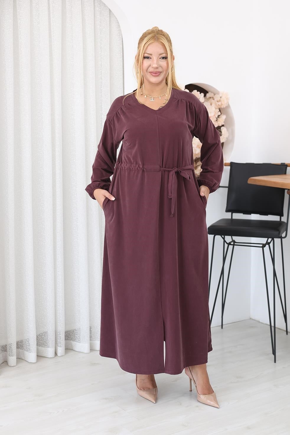 Elbise Büyük Beden Bağlama Detaylı Tencel Modal Kumaş Elbise