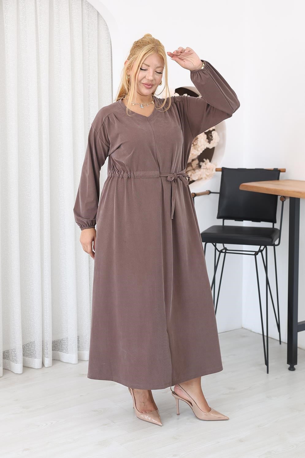 Elbise Büyük Beden Bağlama Detaylı Tencel Modal Kumaş Elbise