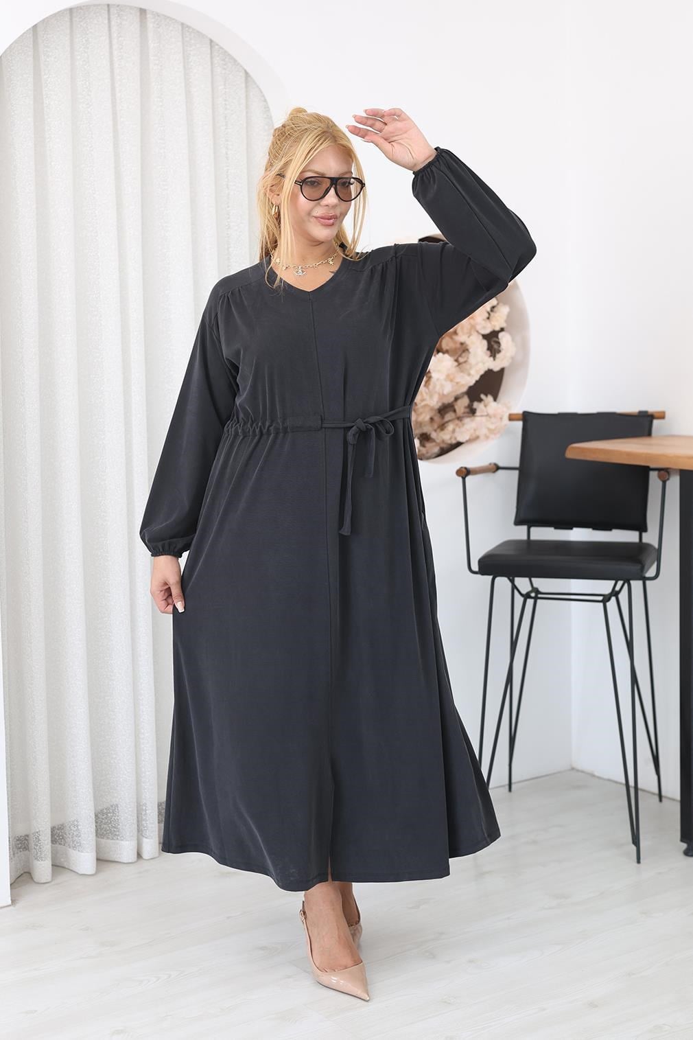 Elbise Büyük Beden Bağlama Detaylı Tencel Modal Kumaş Elbise