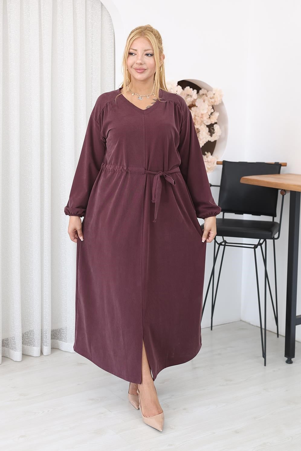 Elbise Büyük Beden Bağlama Detaylı Tencel Modal Kumaş Elbise