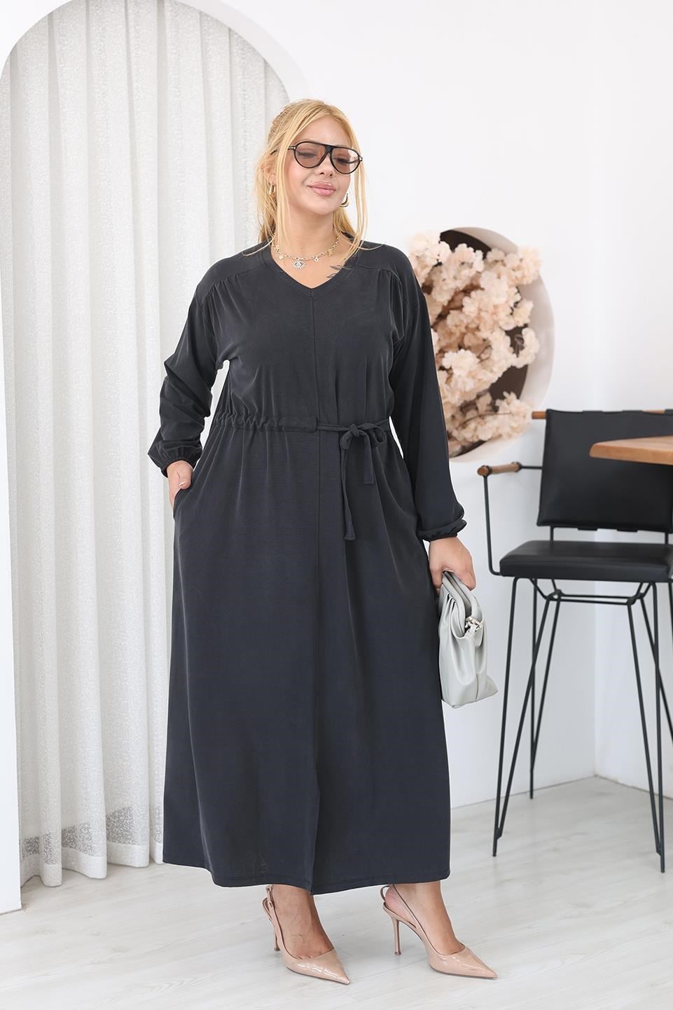 Elbise Büyük Beden Bağlama Detaylı Tencel Modal Kumaş Elbise