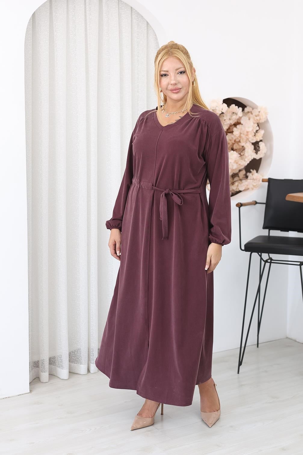 Elbise Büyük Beden Bağlama Detaylı Tencel Modal Kumaş Elbise