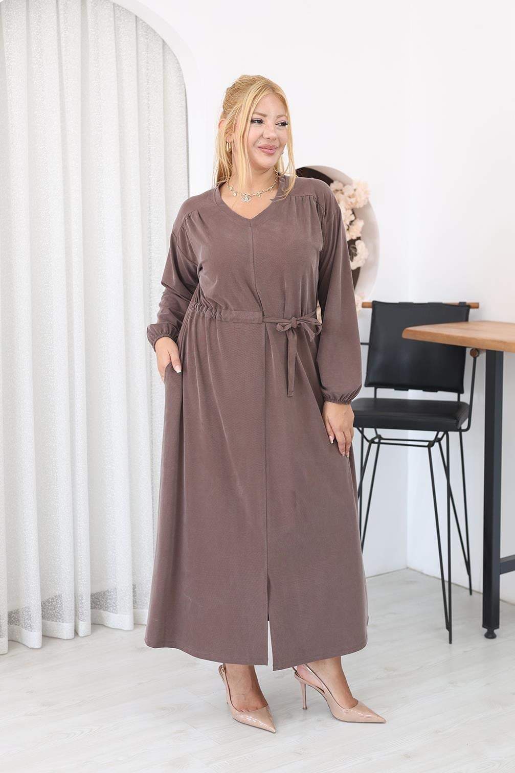 Elbise Büyük Beden Bağlama Detaylı Tencel Modal Kumaş Elbise