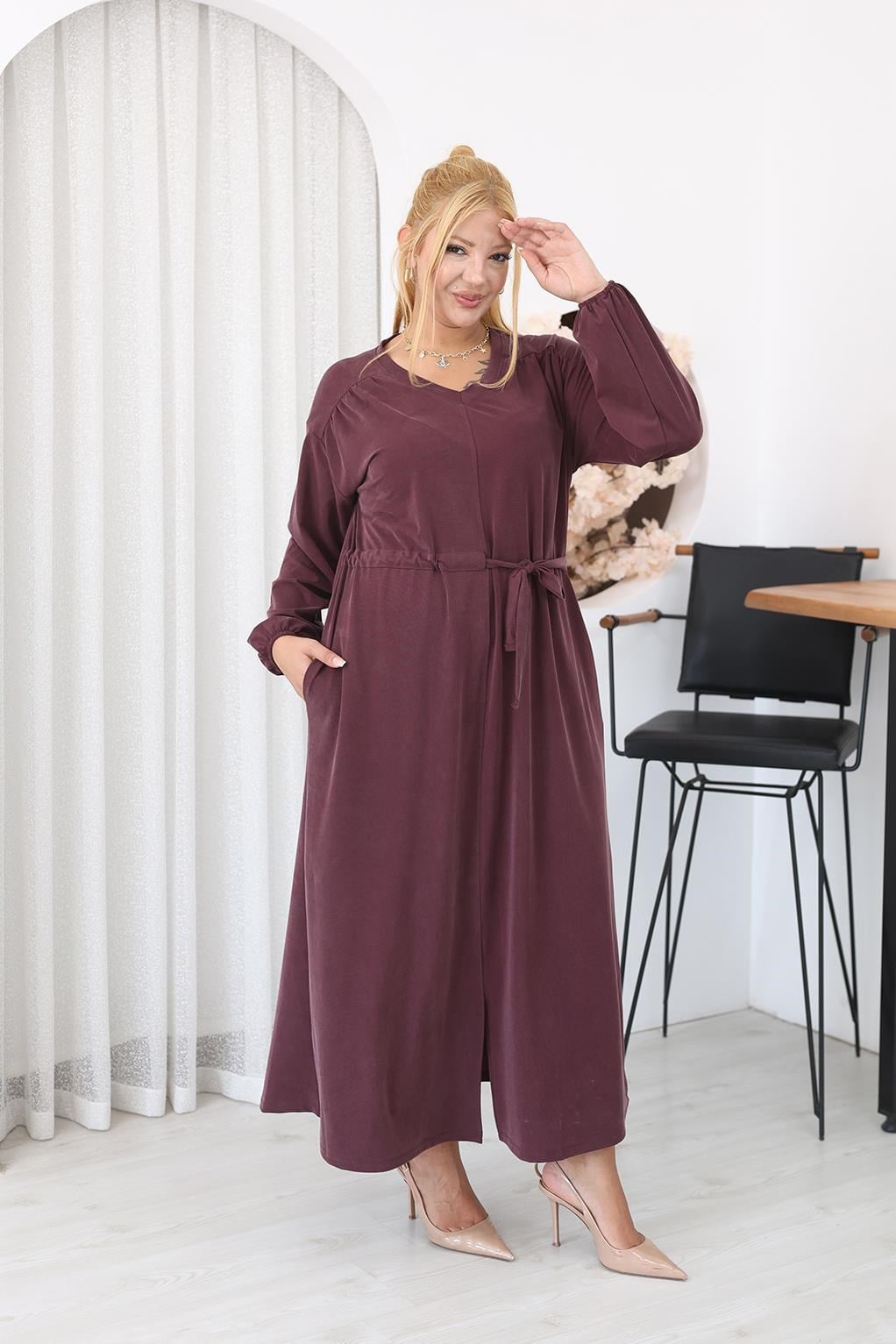 Elbise Büyük Beden Bağlama Detaylı Tencel Modal Kumaş Elbise