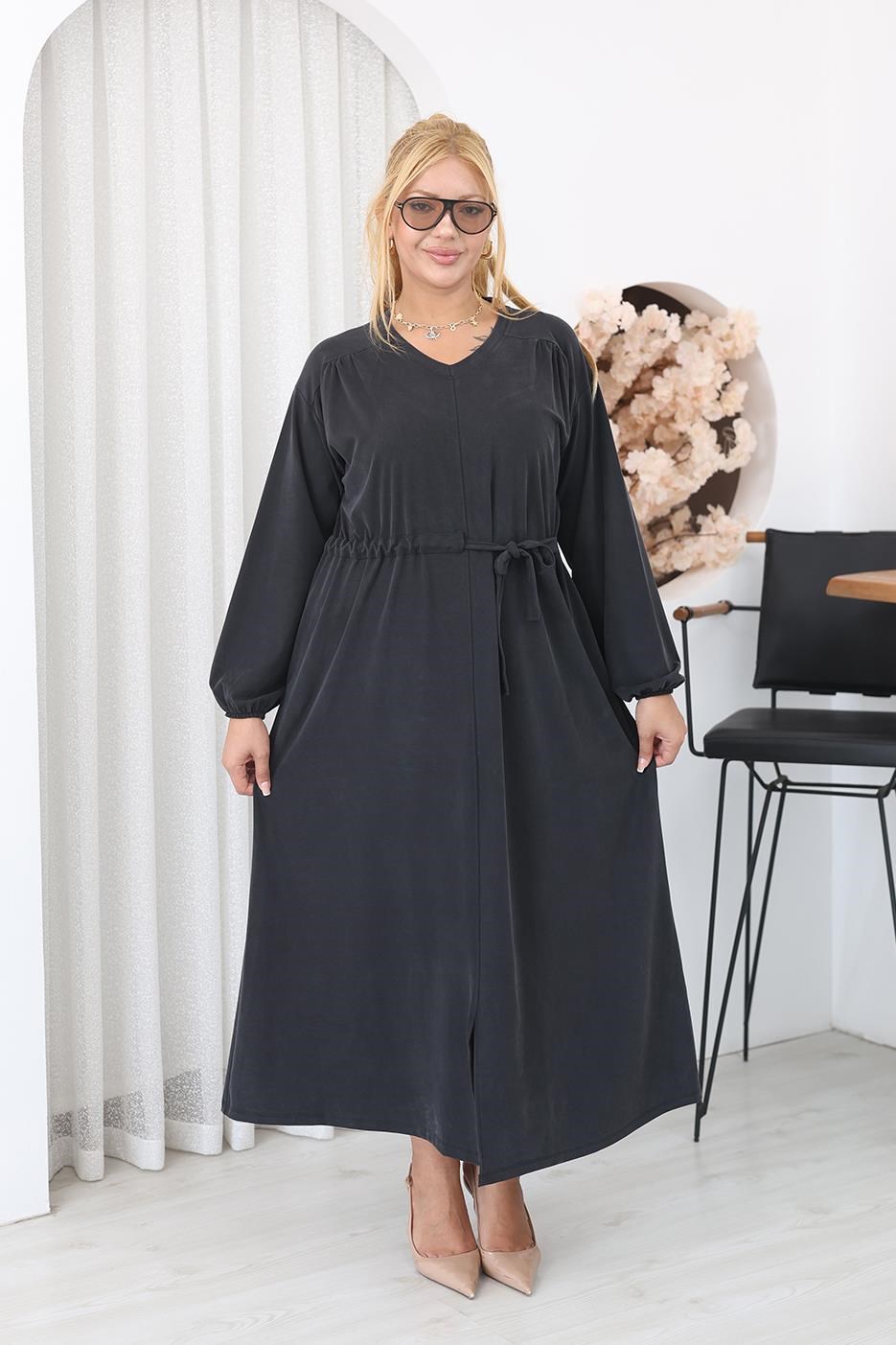 Elbise Büyük Beden Bağlama Detaylı Tencel Modal Kumaş Elbise
