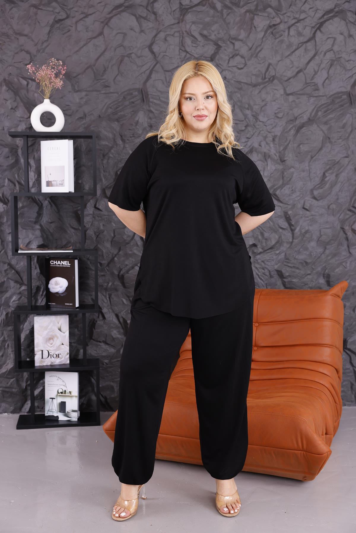 İkili Takım Büyük Beden Bambu Kumaş Pantolonu Şalvar Kesim Takım