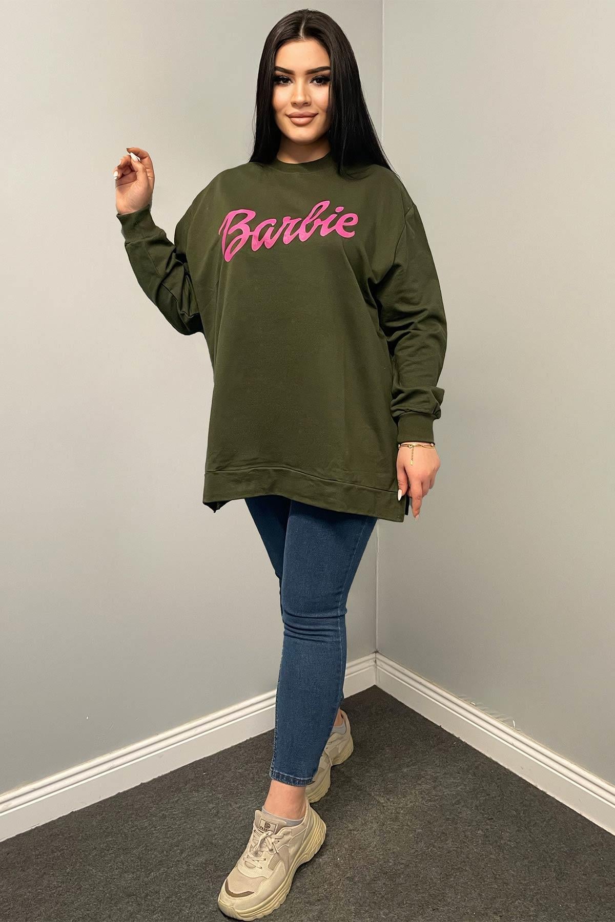 Sweatshirt Büyük Beden Barbie Baskılı Oversize Sweatshirt Haki