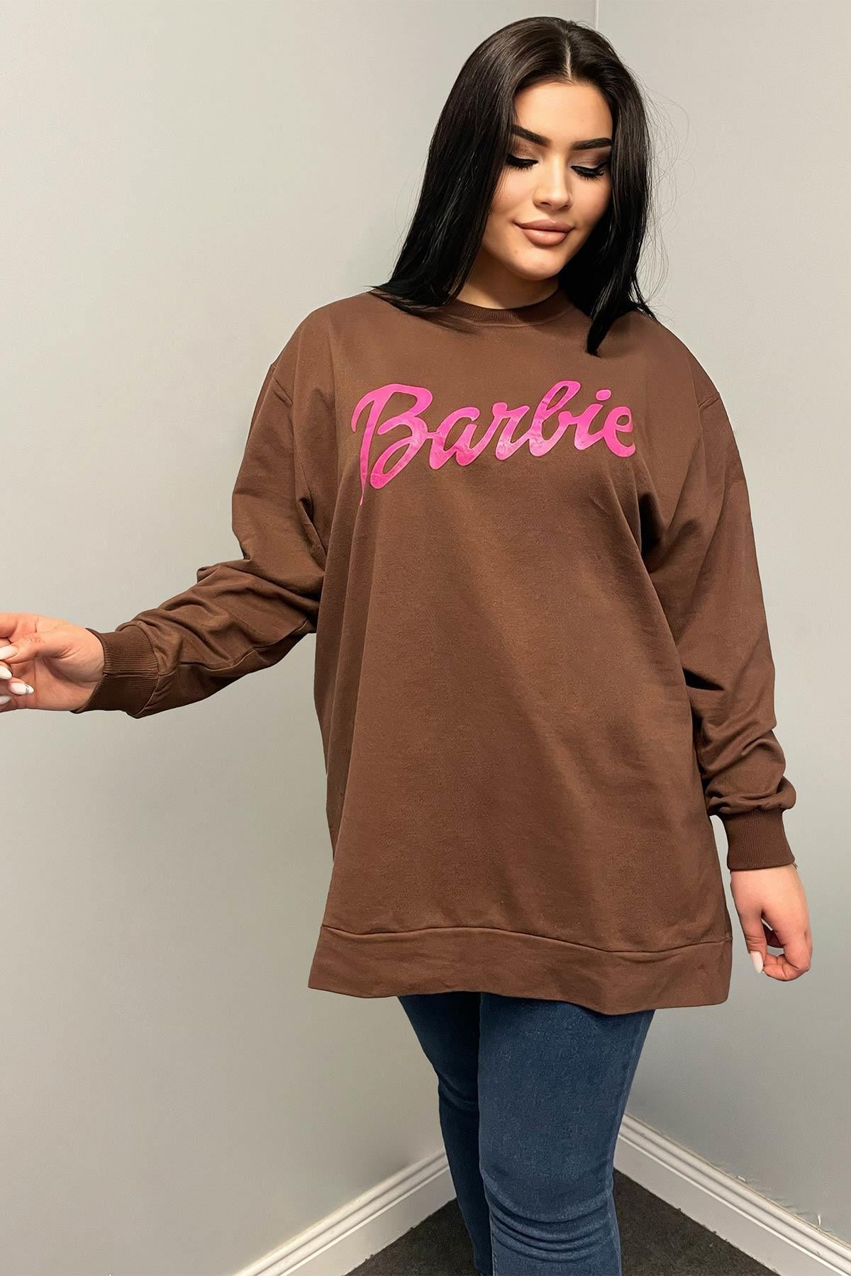 Sweatshirt Büyük Beden Barbie Baskılı Oversize Sweatshirt Kahve