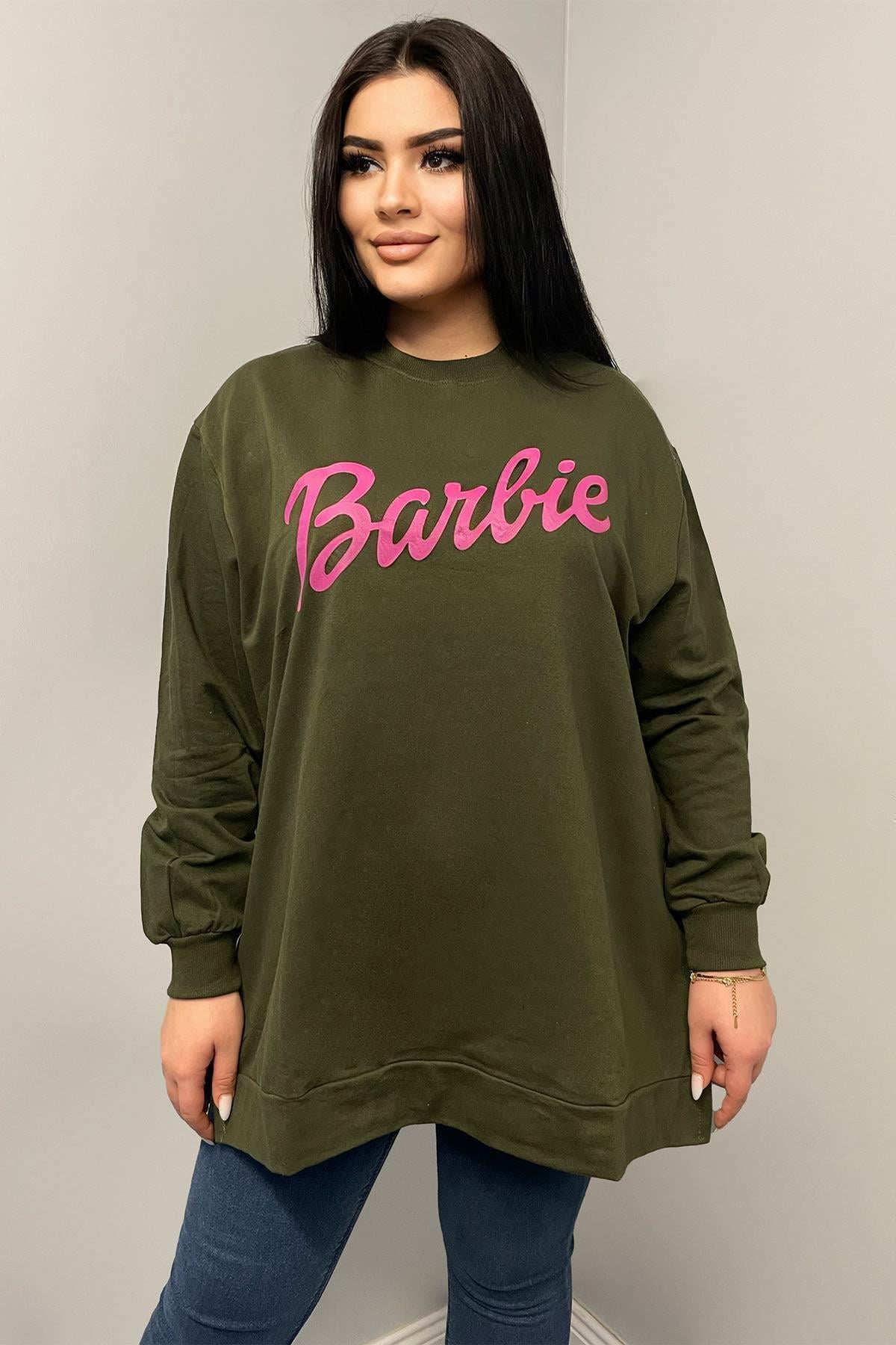 Sweatshirt Büyük Beden Barbie Baskılı Oversize Sweatshirt Haki
