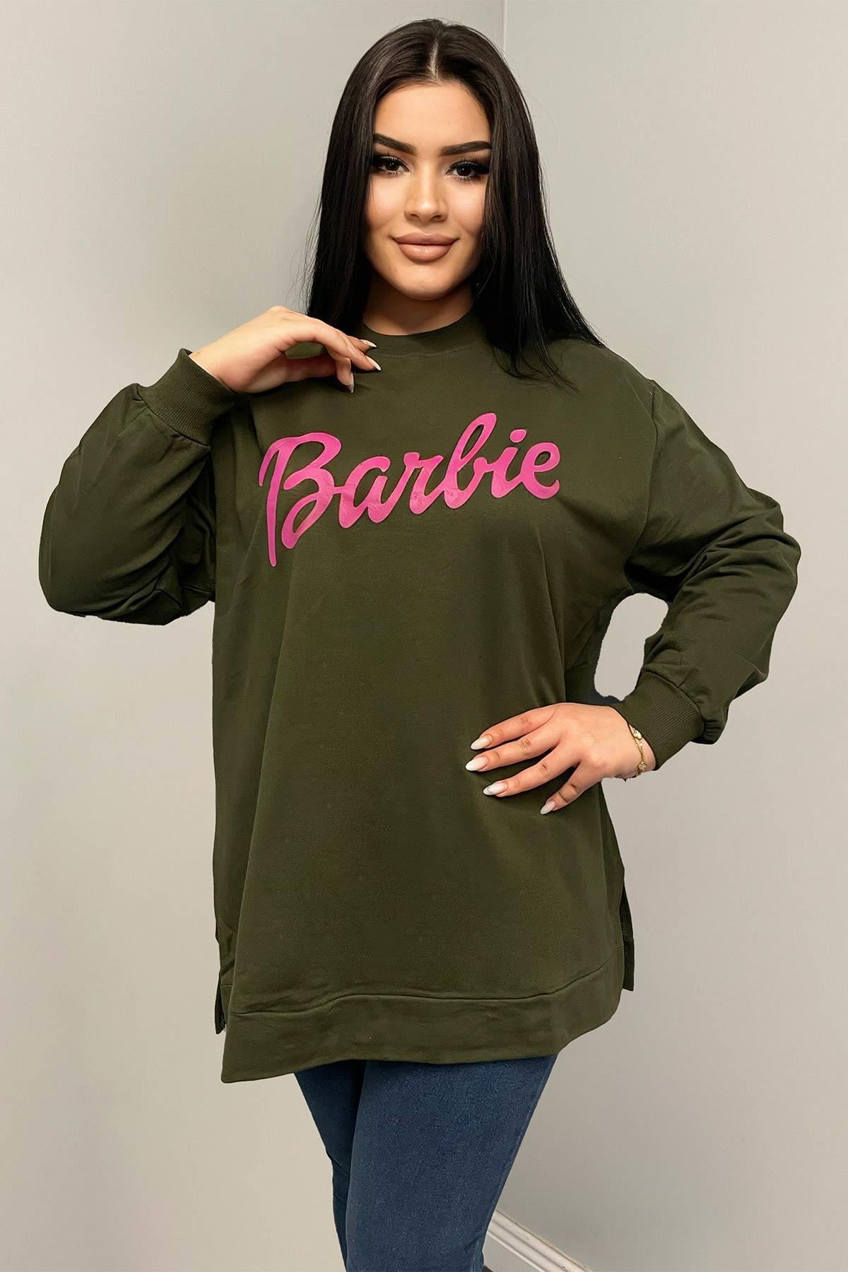 Sweatshirt Büyük Beden Barbie Baskılı Oversize Sweatshirt Haki