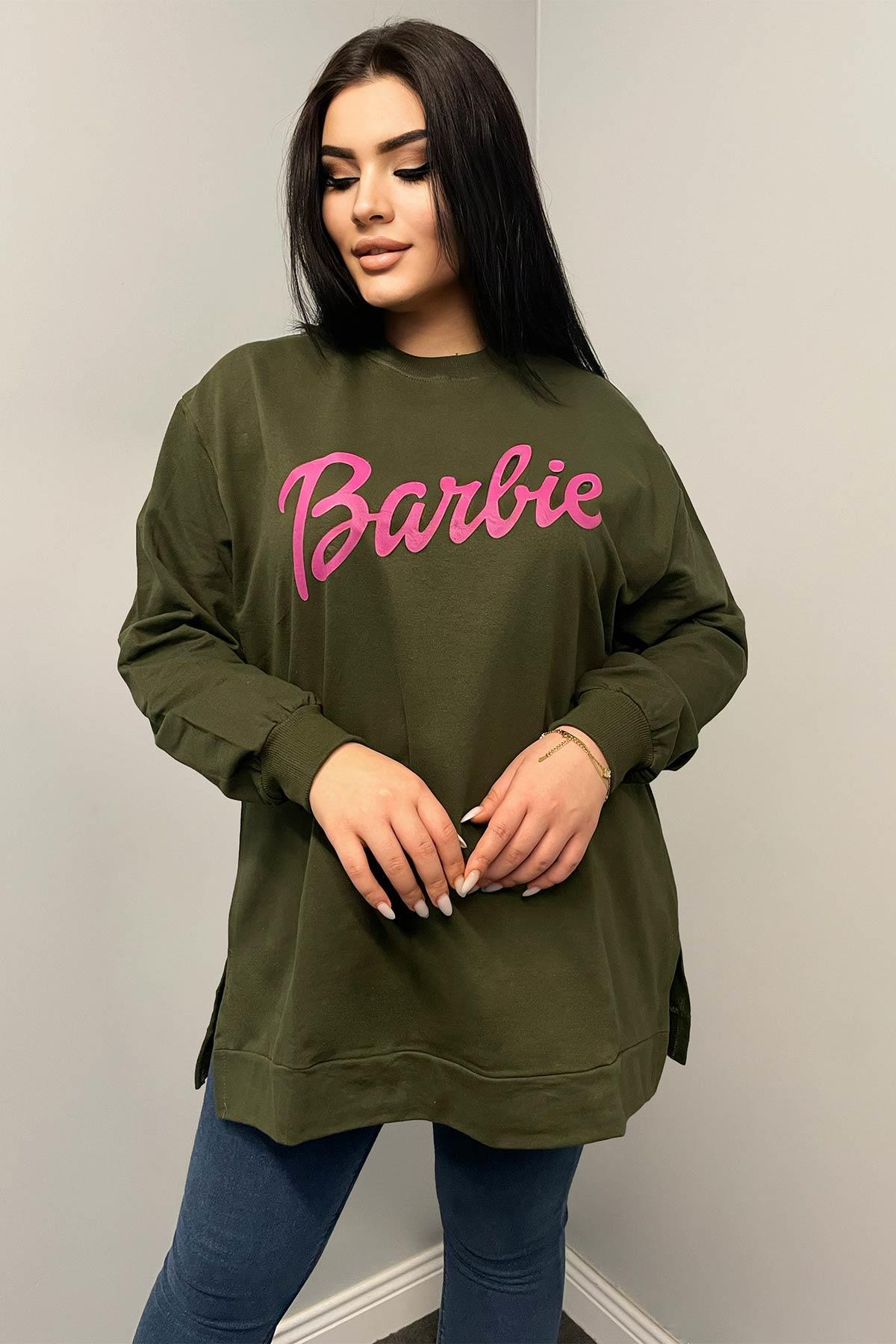 Sweatshirt Büyük Beden Barbie Baskılı Oversize Sweatshirt Haki