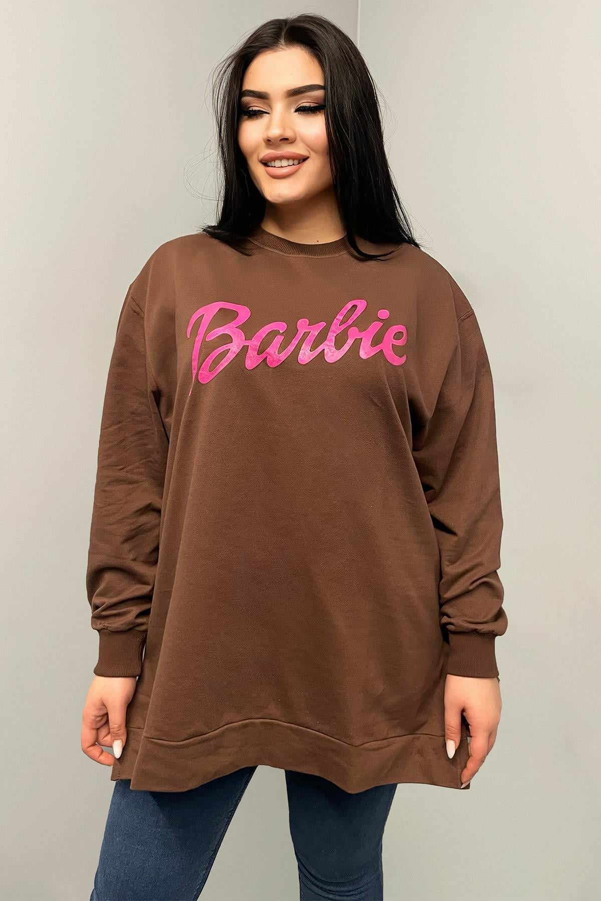 Sweatshirt Büyük Beden Barbie Baskılı Oversize Sweatshirt Kahve