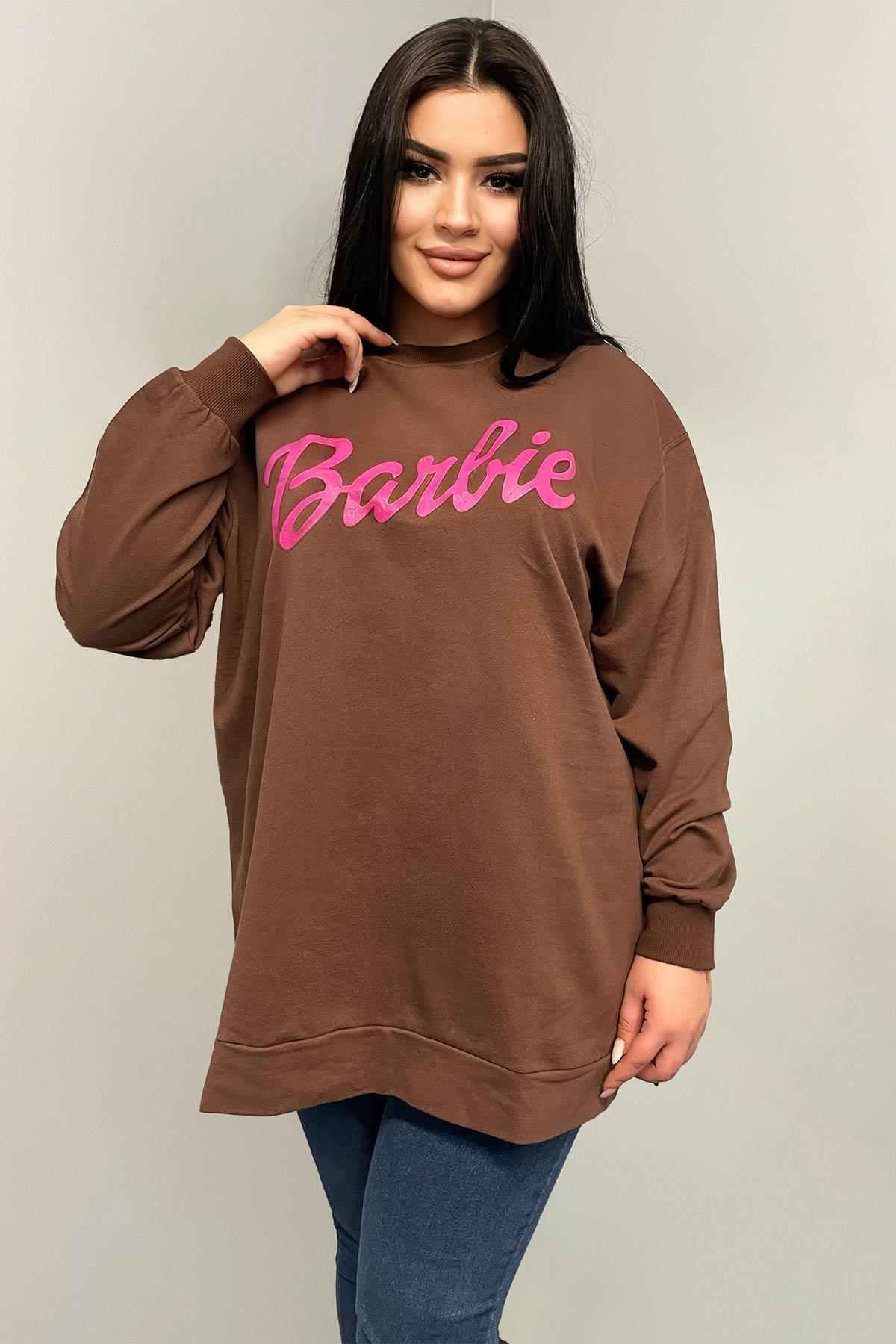 Sweatshirt Büyük Beden Barbie Baskılı Oversize Sweatshirt Kahve