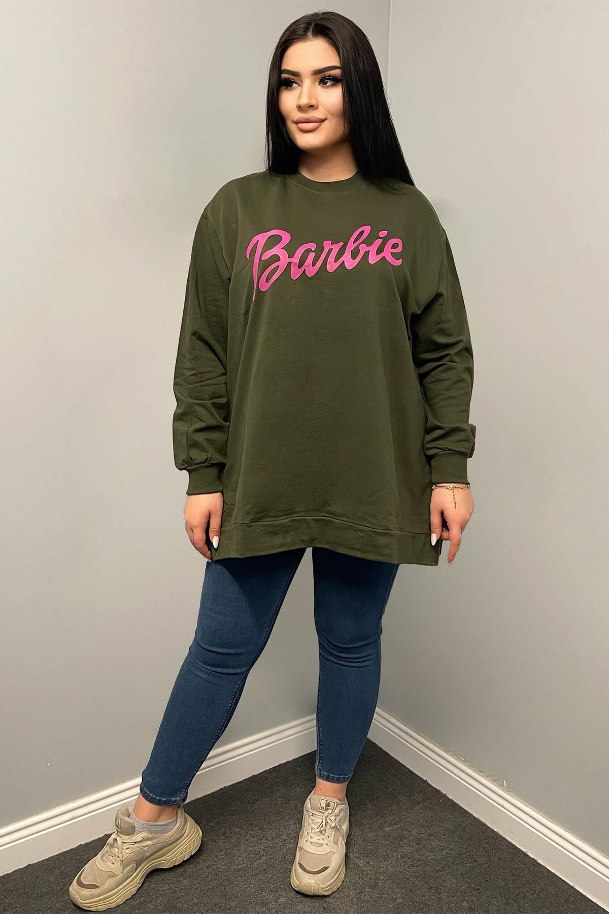 Sweatshirt Büyük Beden Barbie Baskılı Oversize Sweatshirt Haki