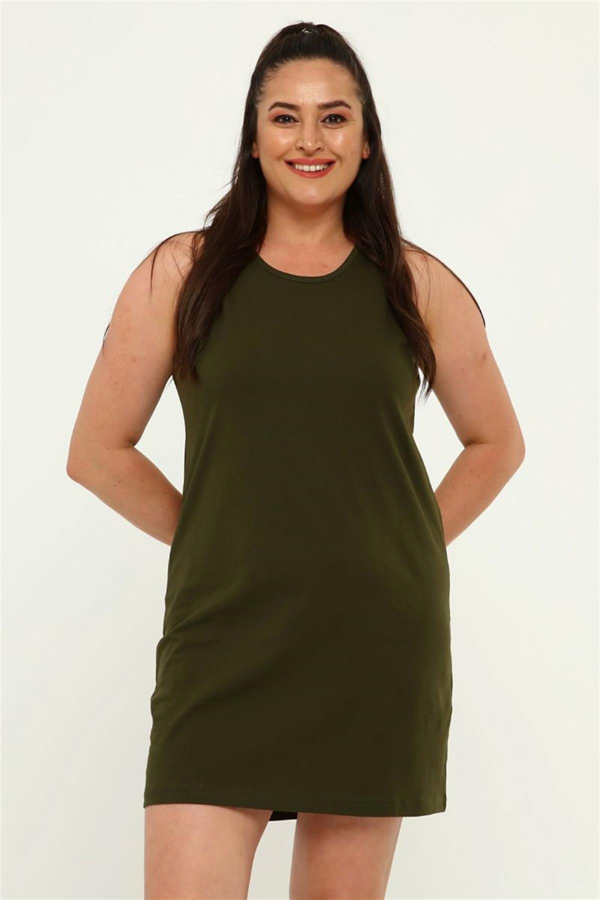 Tshirt Büyük Beden Basic Kolsuz Tunik T-Shirt Haki