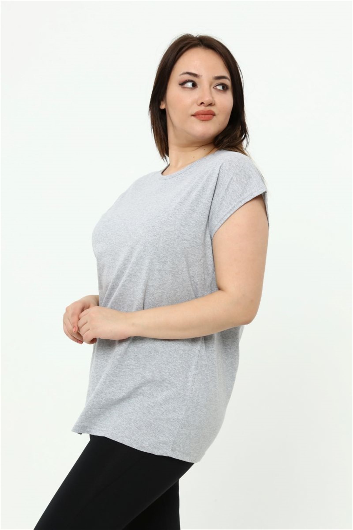Tshirt Büyük Beden Basic Yarasa Kol T-Shirt Gri