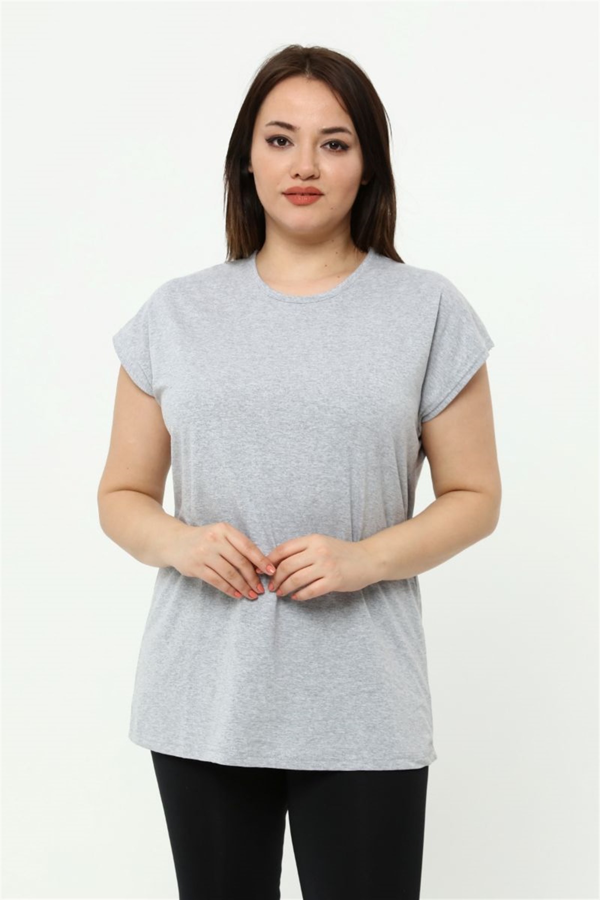 Tshirt Büyük Beden Basic Yarasa Kol T-Shirt Gri