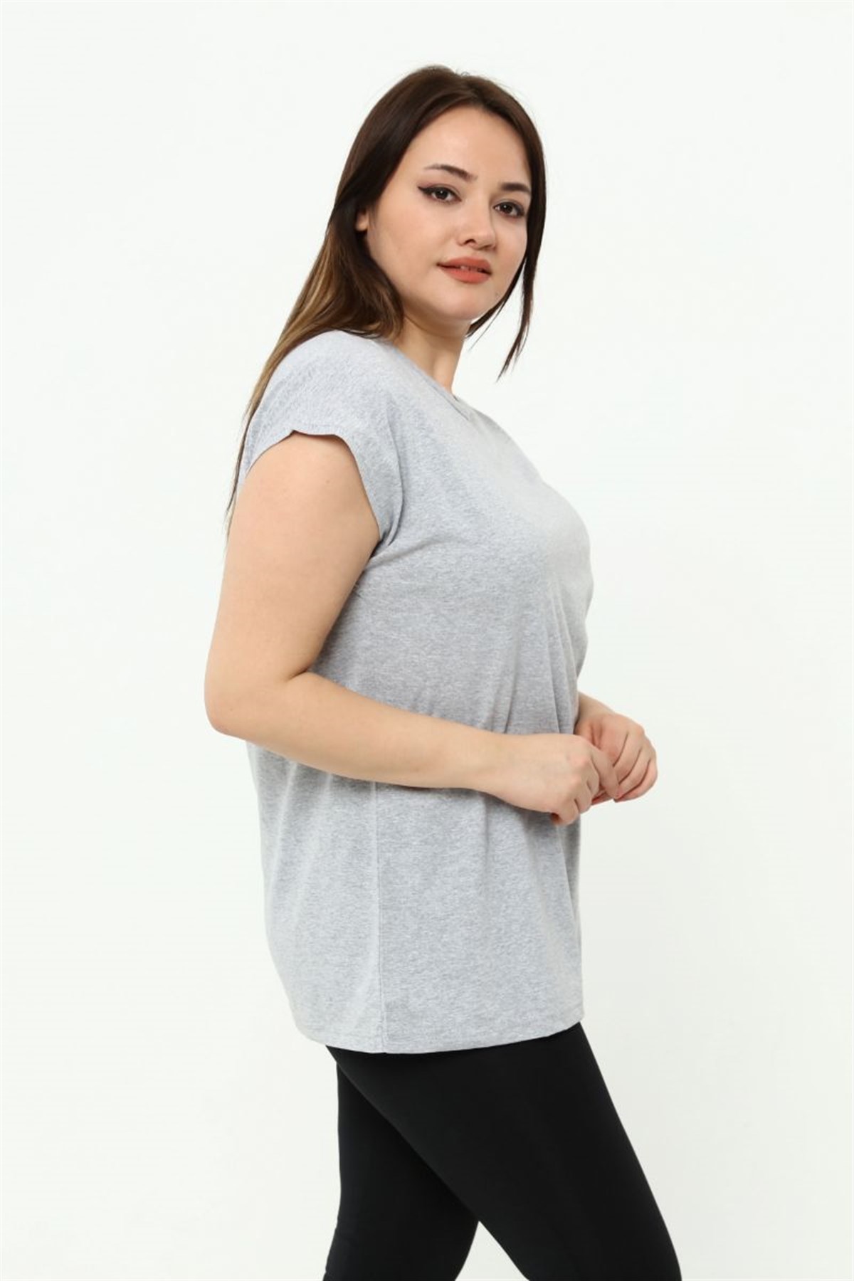 Tshirt Büyük Beden Basic Yarasa Kol T-Shirt Gri